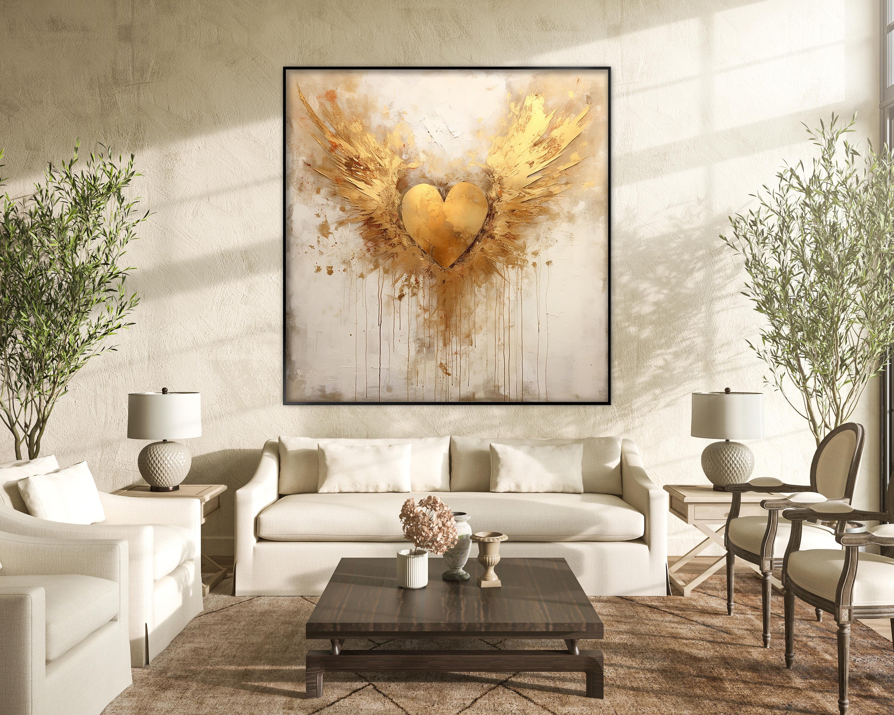 銅版画 M.Tomono 5/15 額装 angel contemporaryB Hand-painted Angel Wings Heart Painting: Abstract Textured Wall