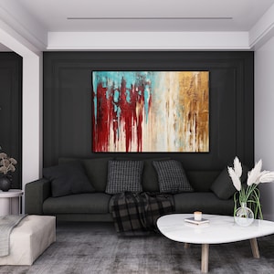 Hand-Painted Abstract Oil Painting: Gold, Maroon & Blue Textured Wall Art