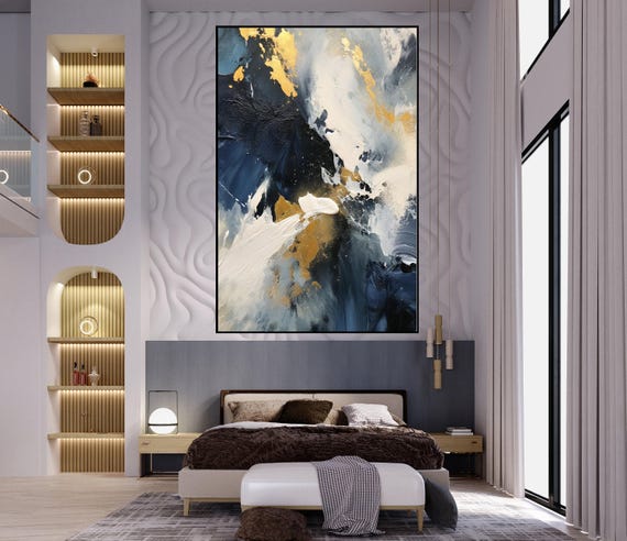 手描きの抽象油絵：青、黒、金のテクスチャキャンバス - Etsy 日本