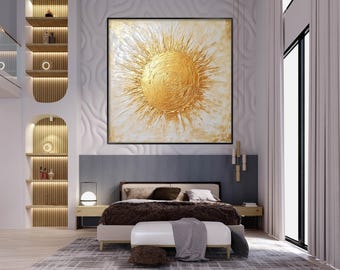 Gold Sun 100% Hand Painted, Textured Painting, Abstract Oil Painting, Acrylic Painting, Wall Decor Living Room, Office Wall Art