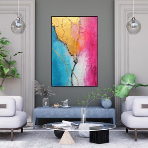 Gold, Pink, Blue, White 100% Hand Painted, Textured Painting, Abstract Oil Painting, Acrylic Painting, Wall Decor Living Room, Office Wall