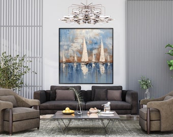 Sailing Boat Painting: Textured Abstract Oil Painting, Living Room Wall Art