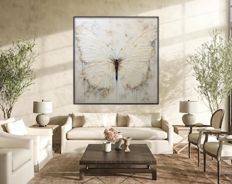 Beige Butterfly Painting,100% Hand Painted,Textured Painting,Abstract Oil Painting,Acrylic Painting, Wall Decor Living Room, Office Wall Art