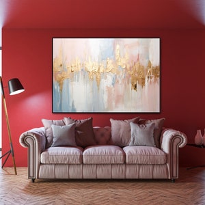 Gold, Blue, Pink 100% Hand Painted, Textured Painting, Abstract Oil Painting, Acrylic Painting, Wall Decor Living Room, Office Wall Art