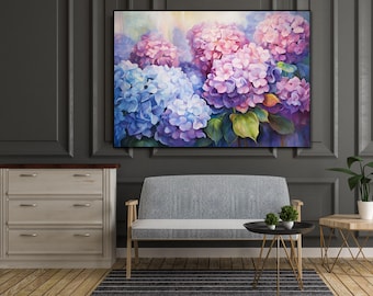May include: A painting of a cluster of purple and blue hydrangeas with green leaves. The flowers are painted in a realistic style with soft, blended colors.