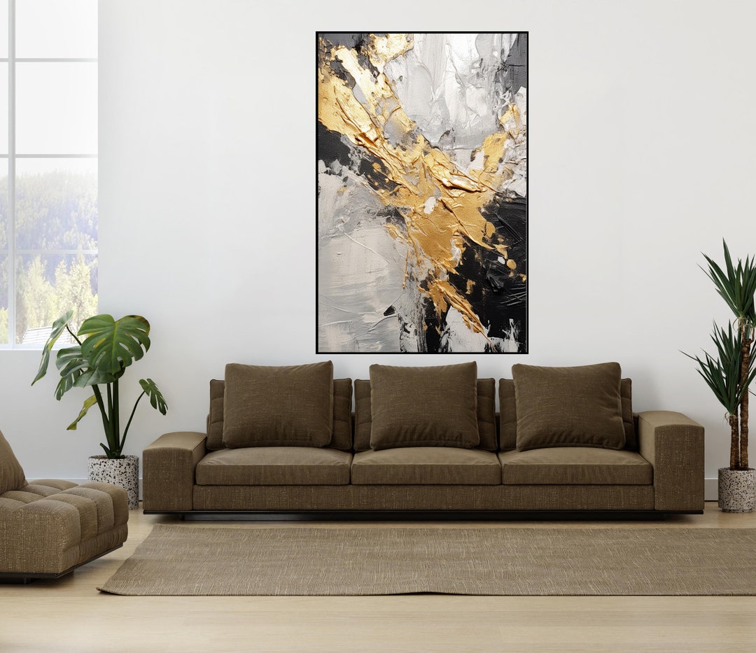 ゴールドとグレーの抽象油絵：テクスチャのある壁アート - Etsy 日本