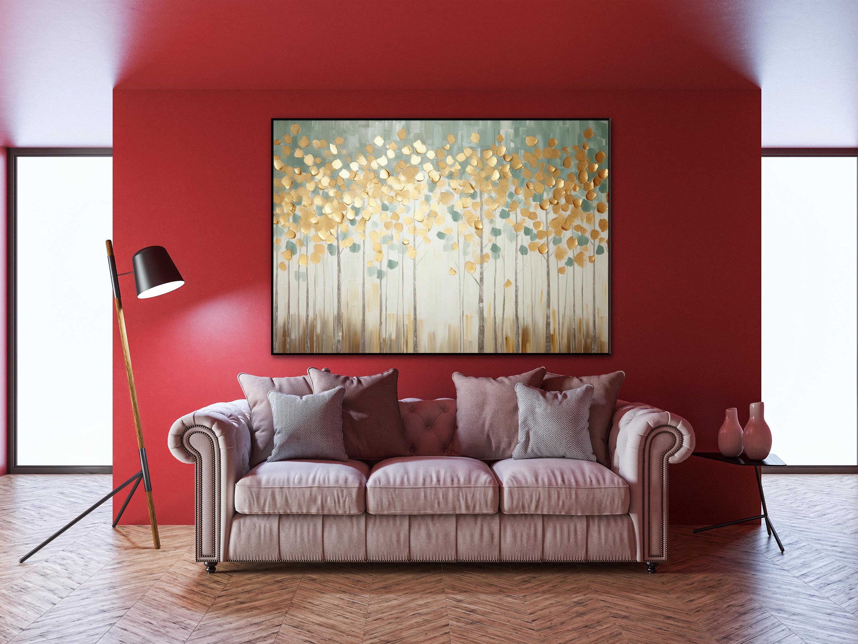 黄金の葉の木の絵画：質感のある抽象的なアクリル油絵 - Etsy 日本