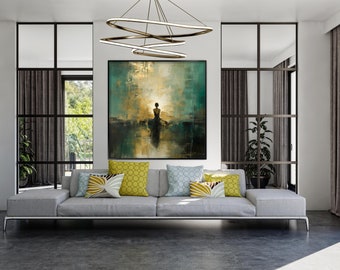 Lonely Woman, Gold, Green 100% Hand Painted, Textured Painting, Abstract Oil Painting, Acrylic Painting, Wall Decor Living Room, Office Wall