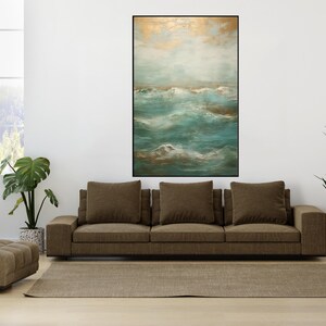 Gold Sky, Wavy Ocean 100% Hand Painted, Textured Painting, Abstract Oil Painting, Acrylic Painting, Wall Decor Living Room, Office Wall Art
