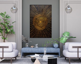 Textured Sun Oil Painting: Abstract Gold Sun Rays, Hand Painted Wall Art