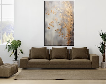 Gold Leaf Tree Painting: Gray Textured Abstract, Hand Painted