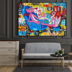 Pink Panther Leinwand Kunst, 100% handgemalt, Originalgemälde, Graffiti Kunst, Pop-Art-Malerei, Wanddekoration Wohnzimmer, Bürowandkunst