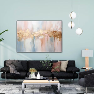 Gold, Blue, Pink, White 100% Hand Painted, Textured Painting, Abstract Oil Painting, Acrylic Painting, Wall Decor Living Room, Office Wall
