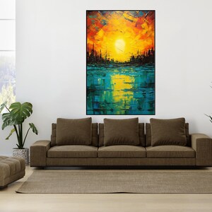 Hand Painted Lake Sunset Oil Painting: Abstract Textured Wall Art