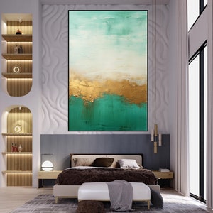 Tons de verde e dourado 100% pintado à mão, pintura texturizada, pintura a óleo abstrata, pintura acrílica, decoração de parede sala de estar, arte de parede de escritório