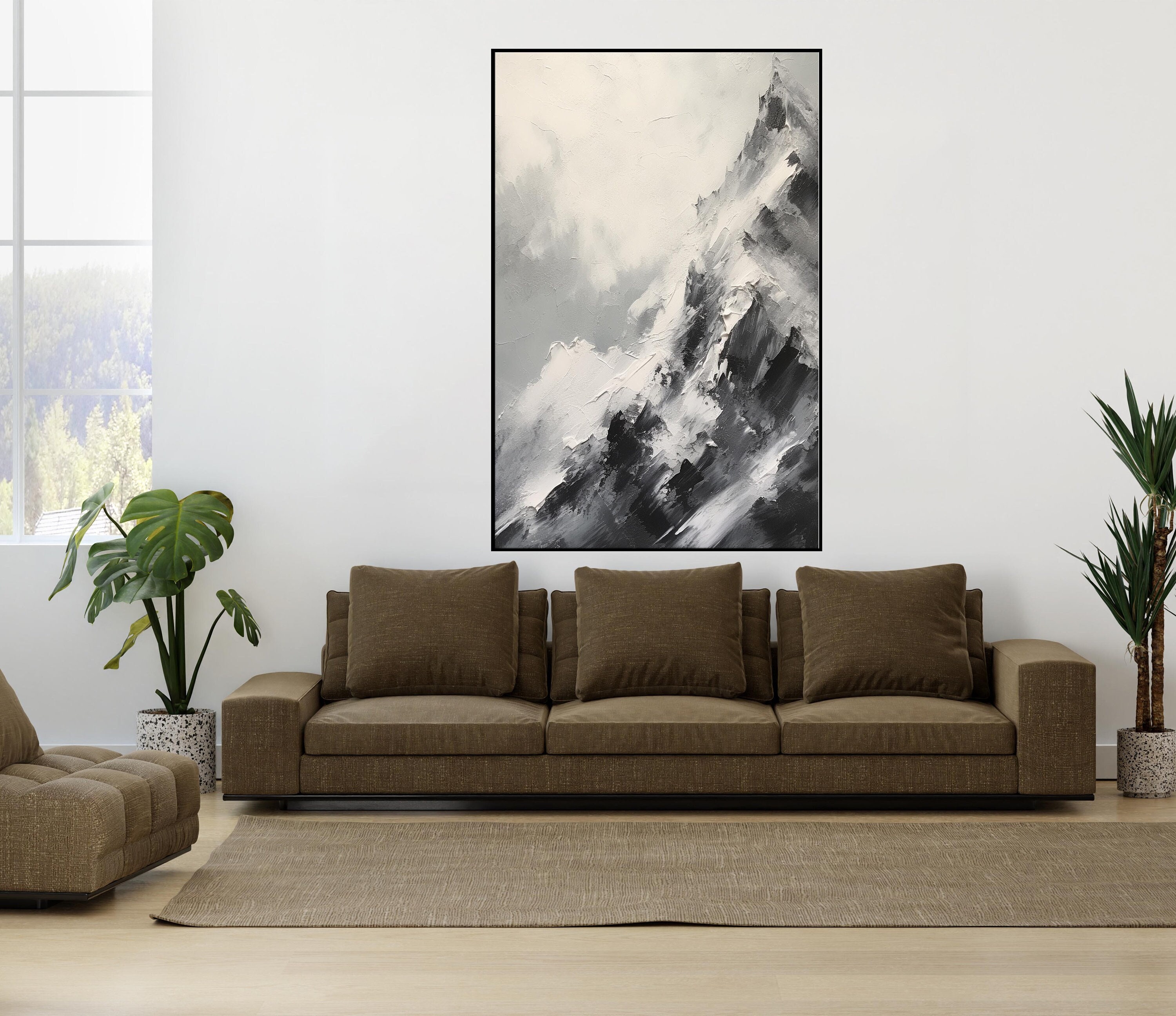 テクスチャのある白黒の山の絵画：抽象的なアクリル油絵 - Etsy 日本