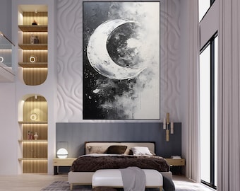 Hand-Painted Crescent Moon Textured Oil Painting: Black and White Abstract Wall Decor