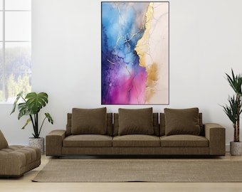 Textured Abstract Oil Painting: Purple, Pink, Blue, and Gold Wall Decor