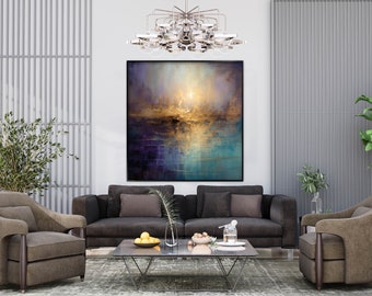 Pintura al óleo abstracta pintada a mano: arte mural texturizado en azul, naranja y morado