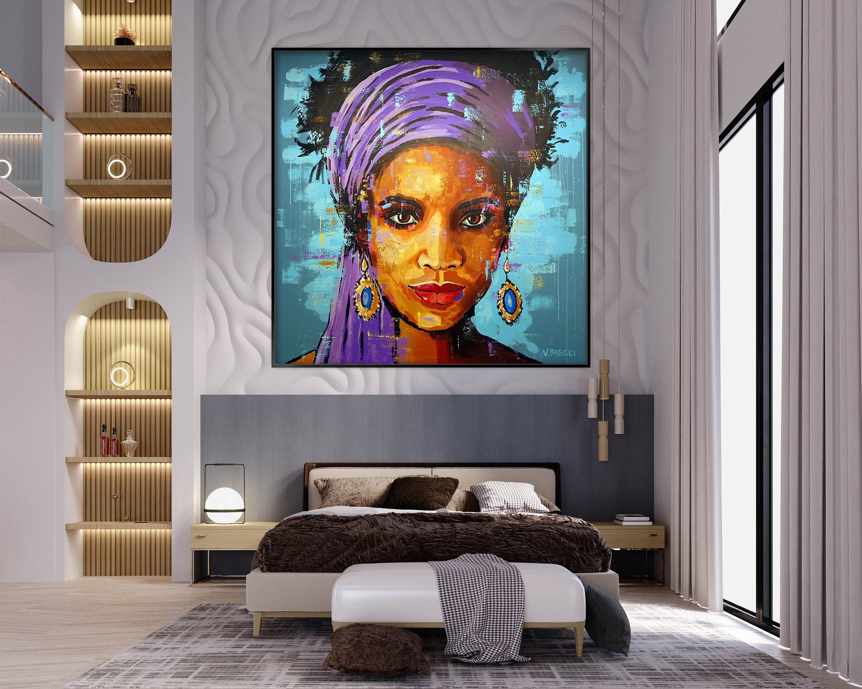 African Woman Portrait,100% Hand Painted, Graffiti Art, Pop Art Painting, Wall Decor Living Room, Office Wall Art, Original Painting