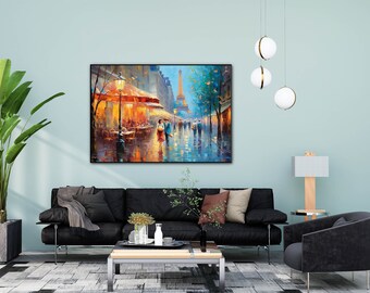 May include: A painting of a Parisian street scene with the Eiffel Tower in the background. The painting is done in a colorful, impressionistic style and features people walking along the street, a cafe with an orange awning, and streetlights.