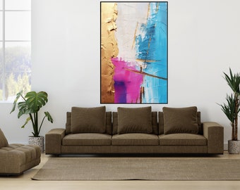 Textured Abstract Oil Painting: Gold, Pink, Purple, Beige Wall Decor