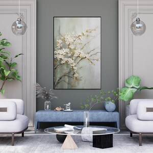 Dipinto a olio con fiori di frutta bianca dipinto a mano: arte murale astratta con texture