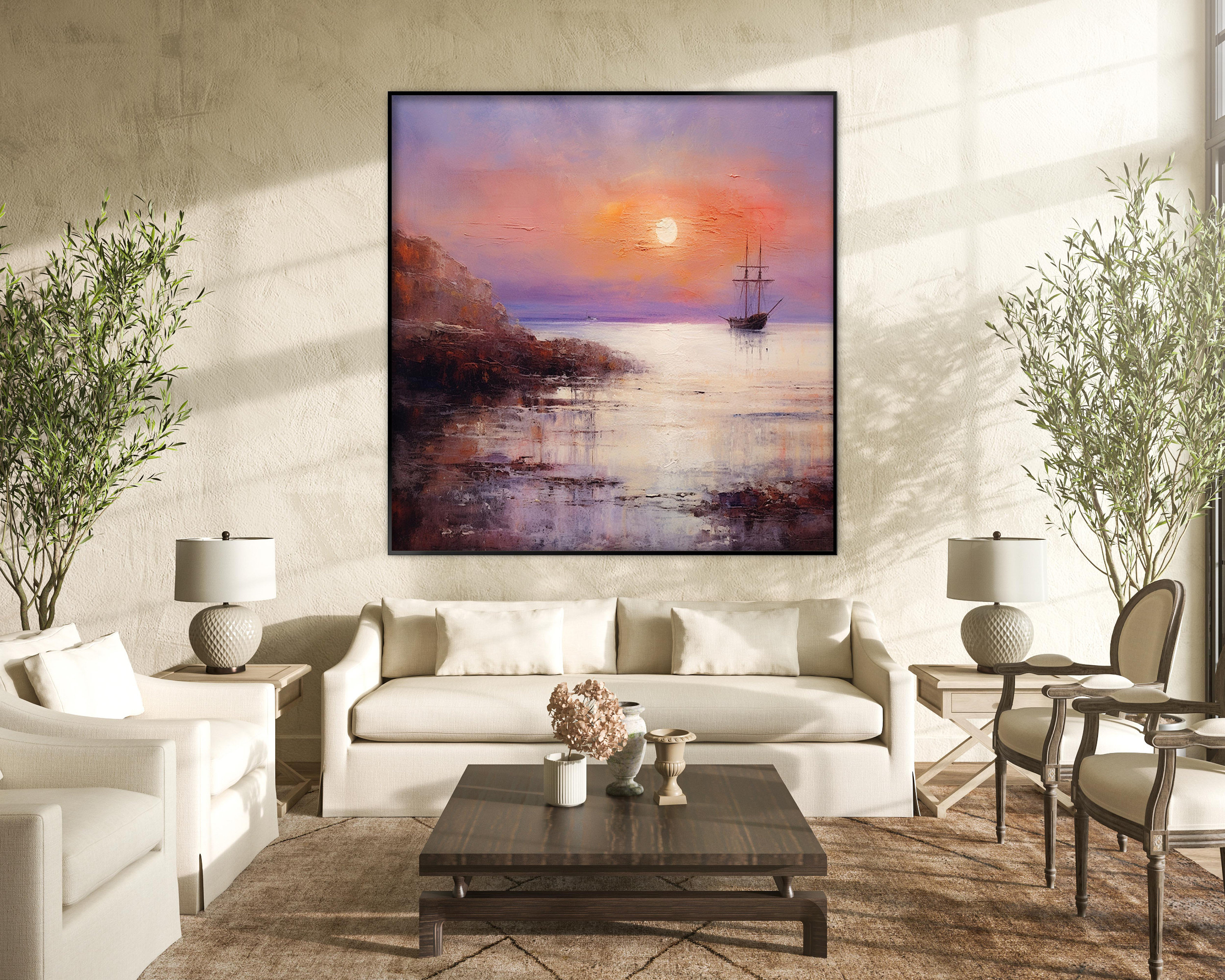 手描きの夕焼けボートの絵画：抽象的なテクスチャの油絵とアクリル画