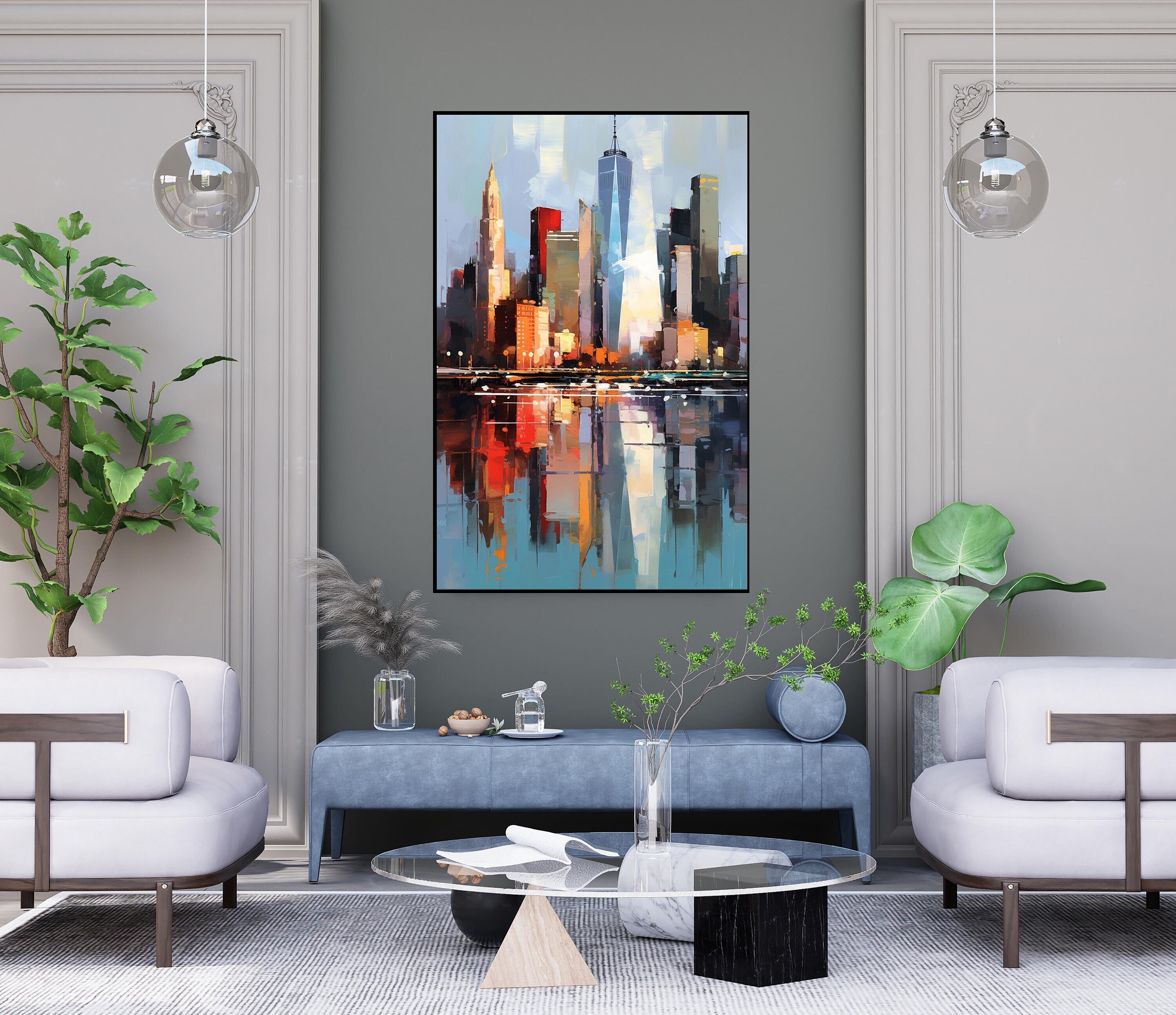 手描きの都市景観油絵：抽象的なテクスチャの壁アート - Etsy 日本