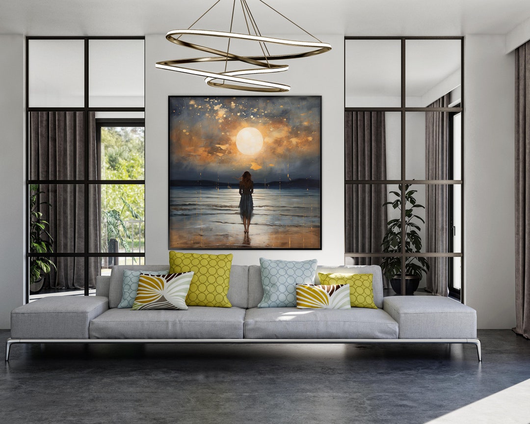 手描きの抽象油絵：孤独な女性の海景、テクスチャのある壁装飾 - Etsy 日本