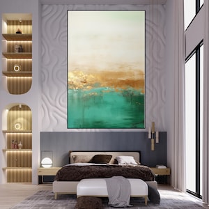 Bege, dourado, verde 100% pintado à mão, pintura texturizada, pintura a óleo abstrata, pintura acrílica, decoração de parede sala de estar, arte de parede de escritório