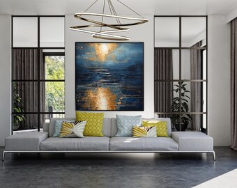 Hand-Painted Ocean Sunset: Abstract Textured Oil Painting