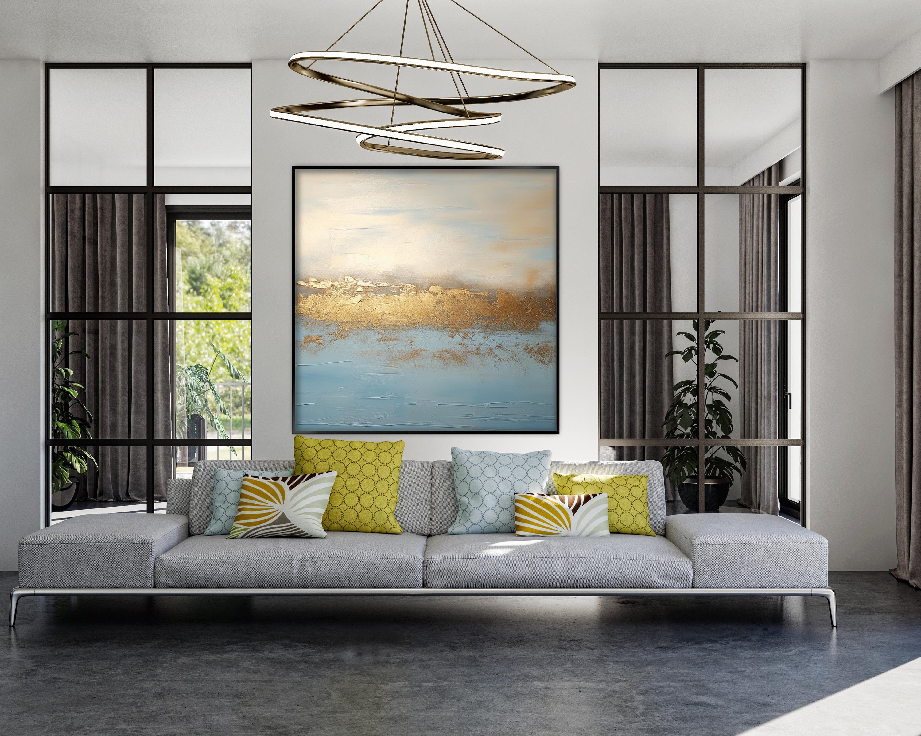 テクスチャのある海景画：ゴールドホライゾン抽象画、手描き - Etsy 日本