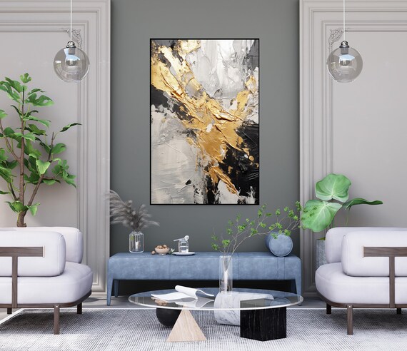 ゴールドとグレーの抽象油絵：テクスチャのある壁アート - Etsy 日本
