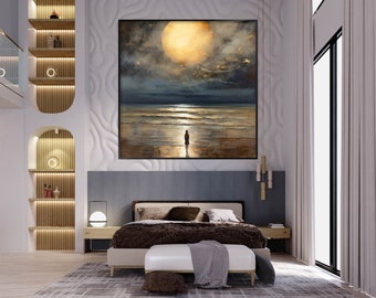 Woman, Ocean, Full Moon 100% Hand Painted, Textured Painting, Abstract Oil Painting, Acrylic Painting, Wall Decor Living Room, Office Wall