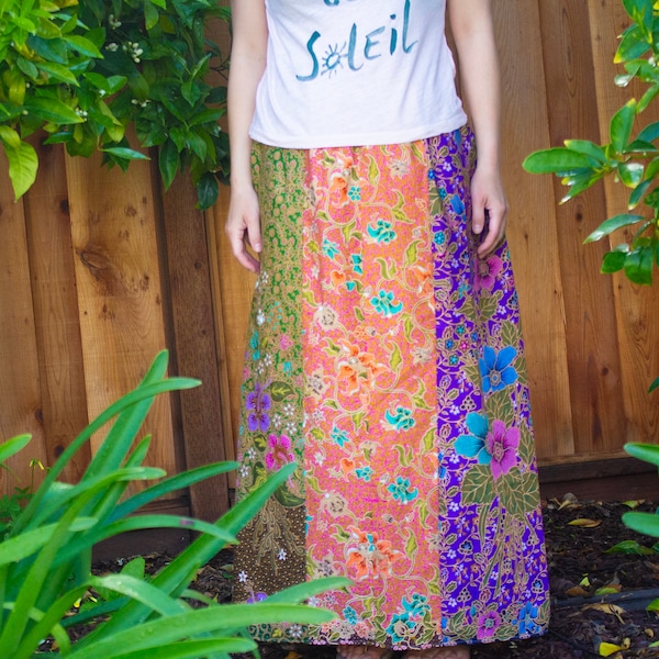 Summer Maxi Skirt Purple Orange Green Pink Floral Modern Malaysian/ Indonesian/ Thai Printed Batik Skirt XS-S