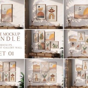 Rammockuppaket, Konsttryckmockups, Tavelväggssetmockup, Enkel rammockup, Minimalistiska mockups, Naturligt ljus, Mjuk vintageinredning