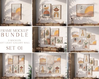 Pacchetto mockup cornice, mockup stampa artistica, mockup set parete galleria, mockup cornice semplice, mockup minimali, luce naturale, interni vintage morbidi