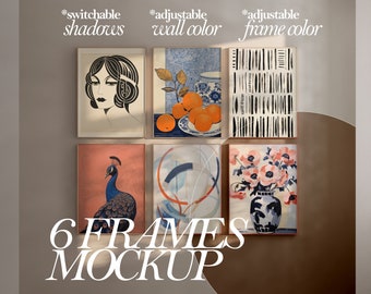 6 Frames Mockup, Gallery Wall Mockup, Wall Frame Color Adjustable Mock-Up, Modern Art Print Mockup, Natural Light Printable Mock up, Psd Jpg
