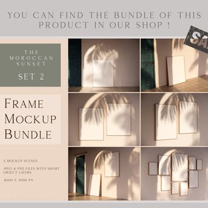 May include: A mockup bundle of six frames featuring a Moroccan sunset theme. The frames are displayed against a wall with palm tree shadows. The bundle includes JPEG and PSD files with smart object layers. The frames are 4000 x 3000 pixels.