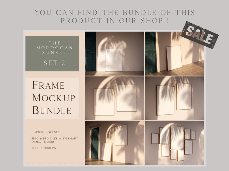 May include: A mockup bundle of six frames featuring a Moroccan sunset theme. The frames are displayed against a wall with palm tree shadows. The bundle includes JPEG and PSD files with smart object layers. The frames are 4000 x 3000 pixels.