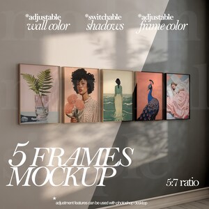 May include: Five framed art prints displayed on a wall. The frames are gold and the prints feature a variety of subjects, including a fern, a woman with flowers, a woman standing in the ocean, a peacock, and a woman sleeping. The text "5 FRAMES MOCKUP" is displayed below the frames. The text "5:7 ratio" is displayed in the bottom right corner.