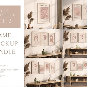 May include: A mockup bundle of six different scenes featuring a soft console table with three framed prints. The prints feature a pink and white abstract design with the word "MATISSE" at the top. The console table is made of wood and has a natural finish. The scenes are set in a modern, minimalist interior with a light background.