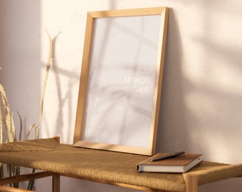 Interior Frame Mockup, Single Wood Frame mockup, Minimalistic Mock Up, Glass rerflection, Art Print mockup, Warm light mockup, Boho display