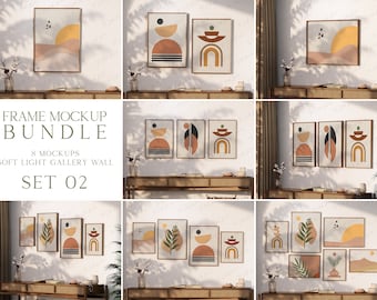 Pacchetto mockup cornice, mockup stampa artistica, mockup set parete galleria, mockup cornice semplice, mockup minimali, luce naturale, interni vintage morbidi