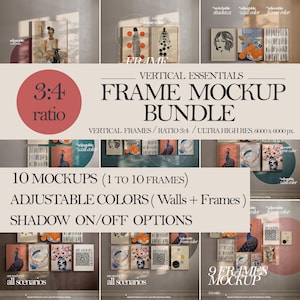 May include: A mockup bundle of 10 vertical frames with adjustable colours for walls and frames. The frames are 3:4 ratio and have a shadow on/off option. The frames are shown with various artwork, including a peacock, flowers, and geometric designs.