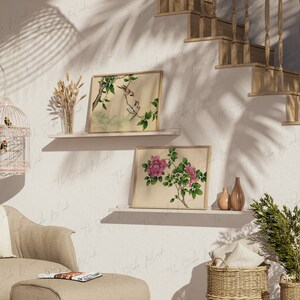 May include: Two framed botanical prints, one with pink flowers and the other with birds on branches, are displayed on shelves against a white wall. A birdcage with a pink finish and small birds inside sits on a beige armchair. A potted green plant and two brown vases are on the shelf below the prints.