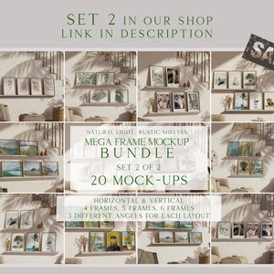 May include: A set of 20 rustic shelf mockups featuring various framed artwork in a natural light setting. The mockups are arranged in a grid pattern with different angles and layouts. The text "SET 2 OF 2" and "20 MOCK-UPS" is visible in the image.