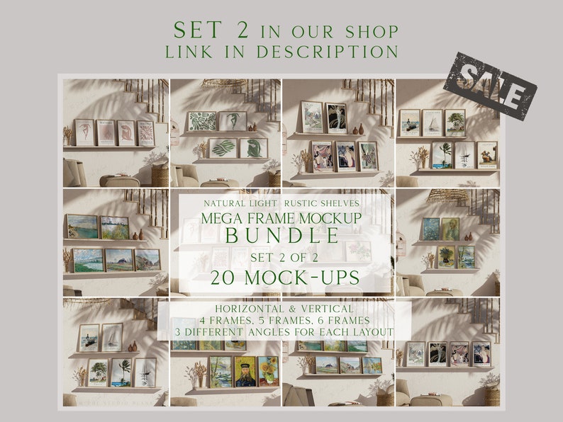May include: A set of 20 rustic shelf mockups featuring various framed artwork in a natural light setting. The mockups are arranged in a grid pattern with different angles and layouts. The text "SET 2 OF 2" and "20 MOCK-UPS" is visible in the image.