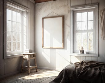 Rustic Frame Mockup, Modern interior mockup, Wood Frame Mock Up, Simple Decor Cabin Room, Art Print mockup, Digital Poster Mock-up, Psd